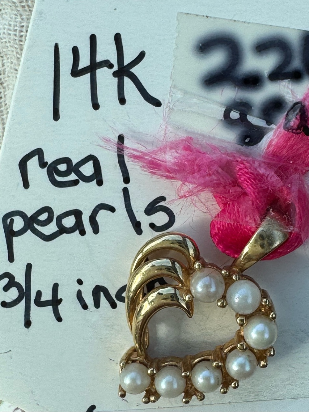 14K Gold Pearl Heart Pendant - White Pearls stamped acid tested Necklace